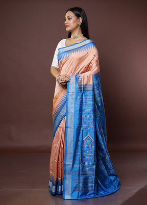 Peach Handloom Bomkai Pure Silk Saree With Blouse Piece