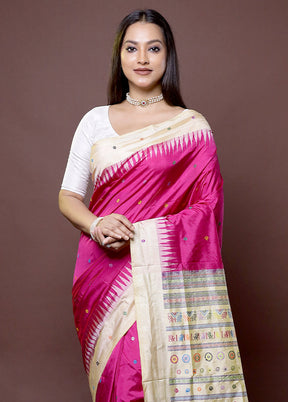 Pink Handloom Bomkai Pure Silk Saree With Blouse Piece