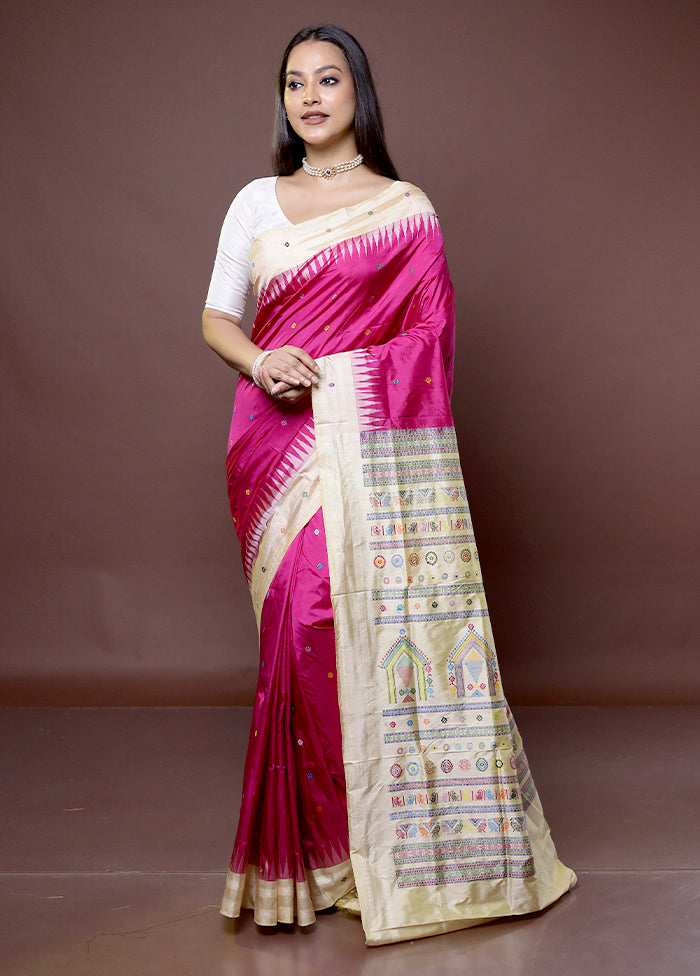 Pink Handloom Bomkai Pure Silk Saree With Blouse Piece