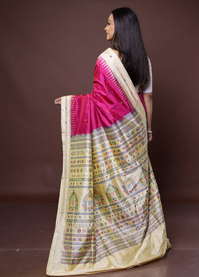 Pink Handloom Bomkai Pure Silk Saree With Blouse Piece