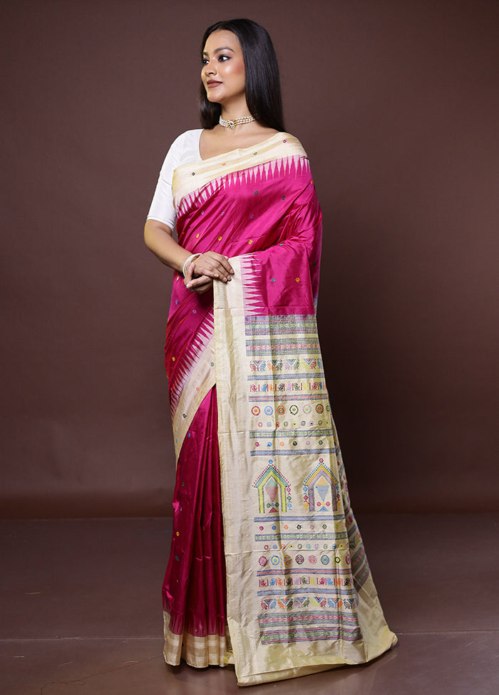 Pink Handloom Bomkai Pure Silk Saree With Blouse Piece