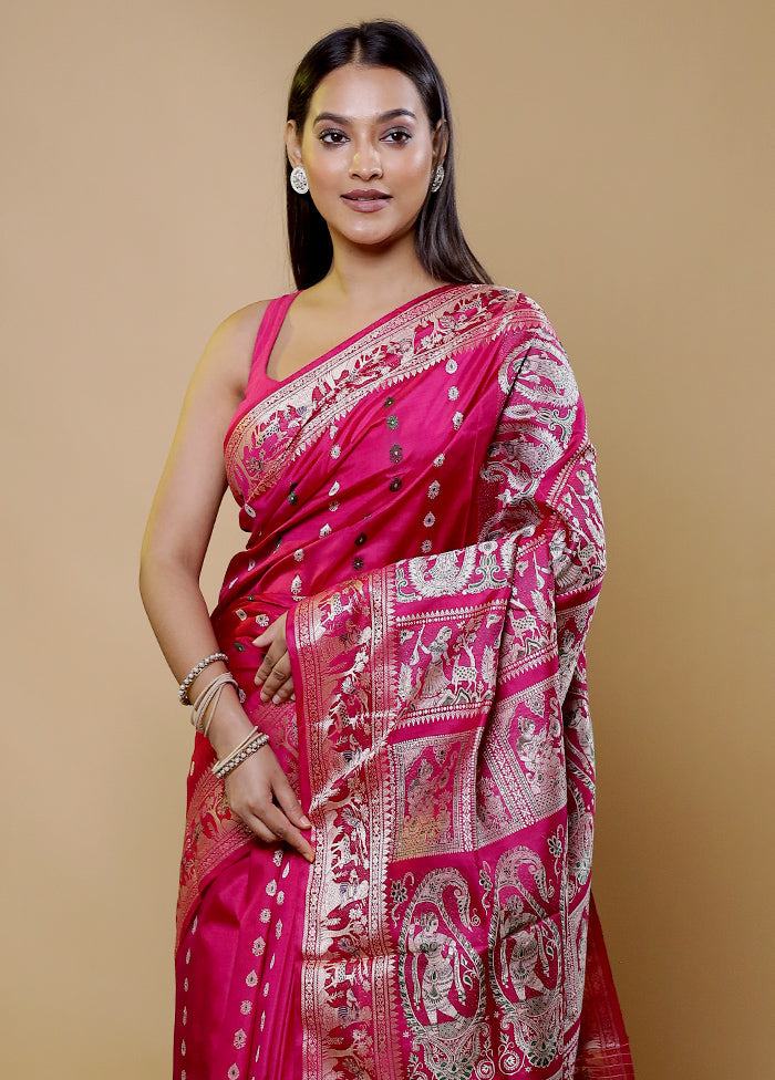 Pink Handloom Baluchari Pure Silk Saree With Blouse Piece