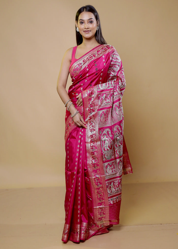 Pink Handloom Baluchari Pure Silk Saree With Blouse Piece