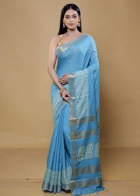 Blue Chanderi Cotton Saree With Blouse Piece