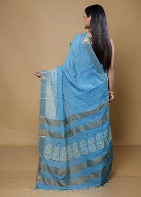 Blue Chanderi Cotton Saree With Blouse Piece