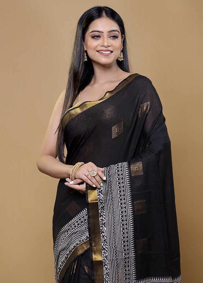 Black Chanderi Cotton Saree With Blouse Piece