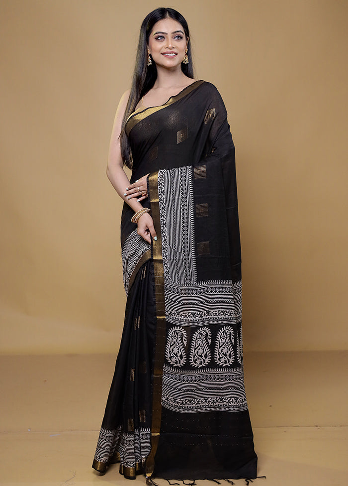 Black Chanderi Cotton Saree With Blouse Piece