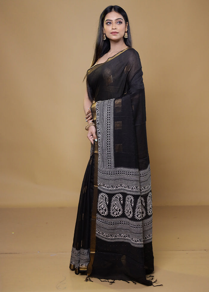 Black Chanderi Cotton Saree With Blouse Piece