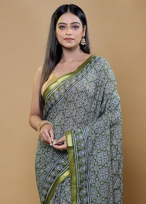 Green Chanderi Cotton Saree With Blouse Piece