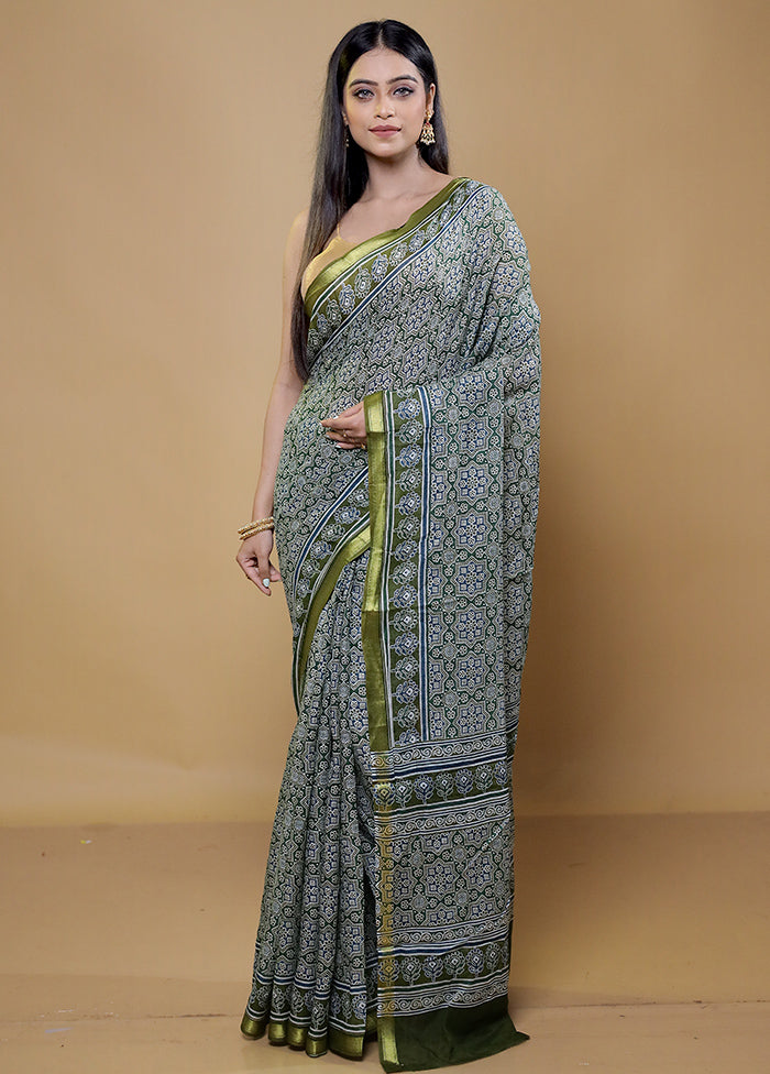 Green Chanderi Cotton Saree With Blouse Piece