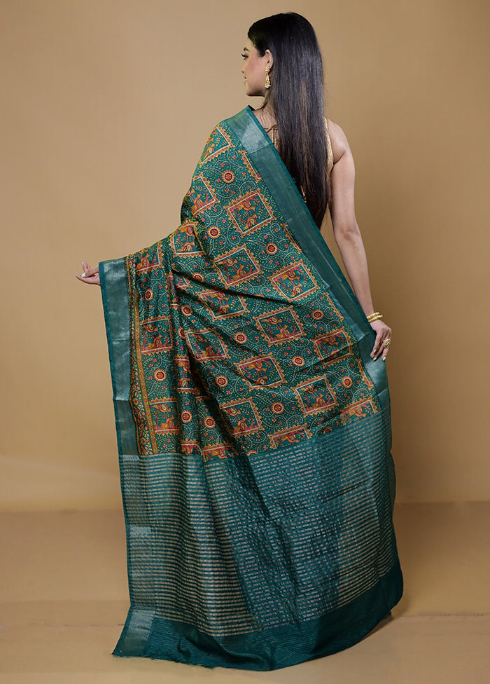 Green Printed Silk Saree Without Blouse Piece