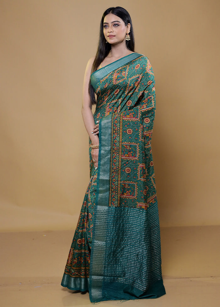 Green Printed Silk Saree Without Blouse Piece