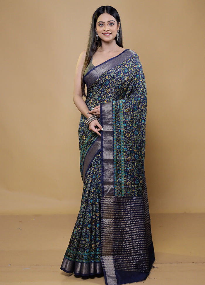 Blue Printed Silk Saree Without Blouse Piece