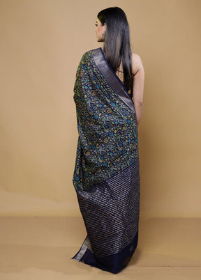 Blue Printed Silk Saree Without Blouse Piece