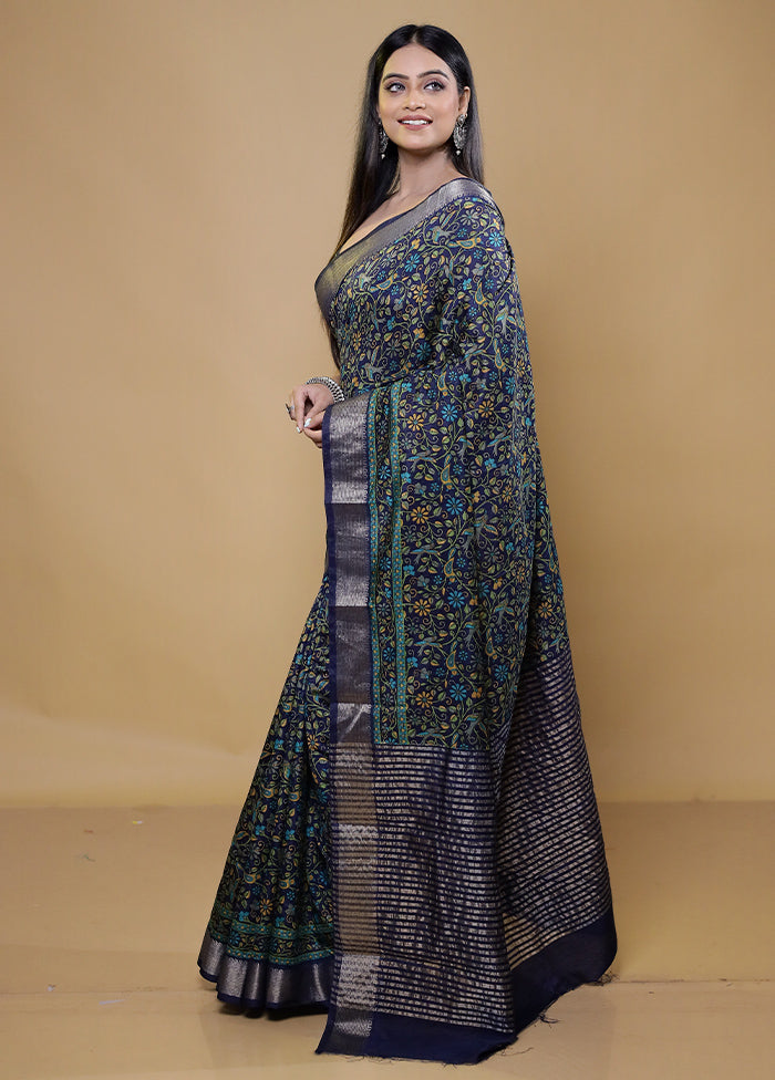 Blue Printed Silk Saree Without Blouse Piece