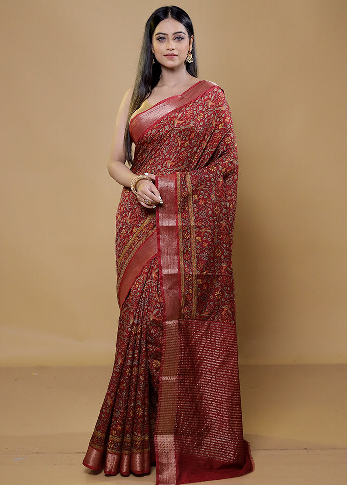 Red Printed Silk Saree Without Blouse Piece