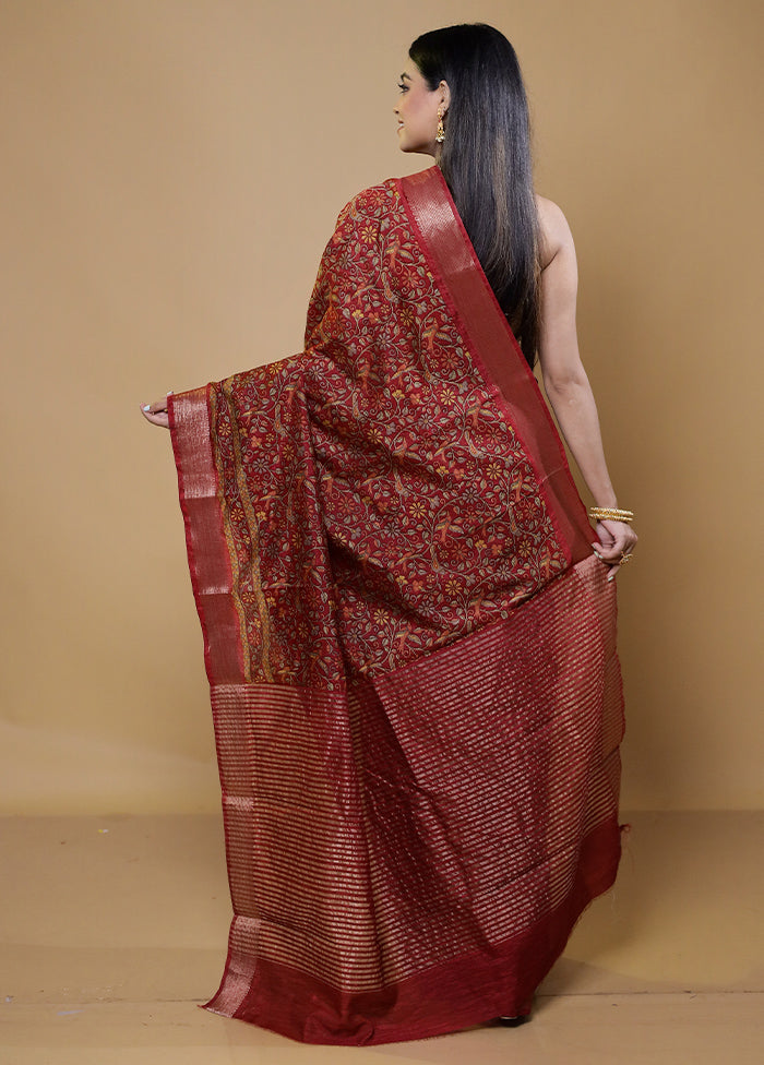 Red Printed Silk Saree Without Blouse Piece