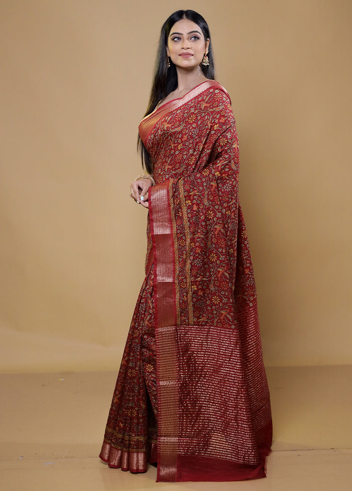 Red Printed Silk Saree Without Blouse Piece