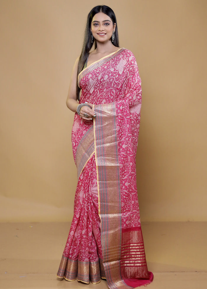 Pink Chanderi Cotton Saree With Blouse Piece