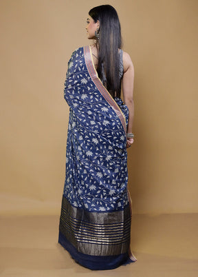 Blue Chanderi Cotton Saree With Blouse Piece