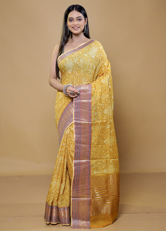 Yellow Chanderi Cotton Saree With Blouse Piece