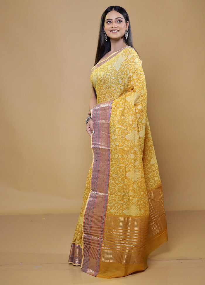 Yellow Chanderi Cotton Saree With Blouse Piece