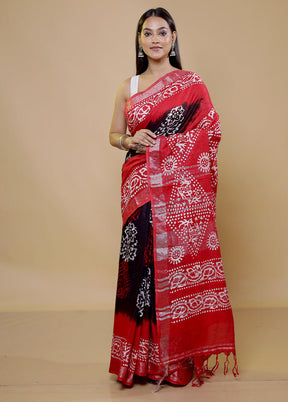 Red Chanderi Cotton Saree With Blouse Piece