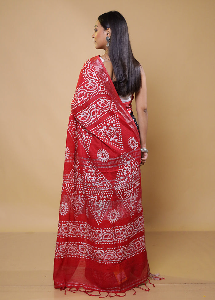 Red Chanderi Cotton Saree With Blouse Piece