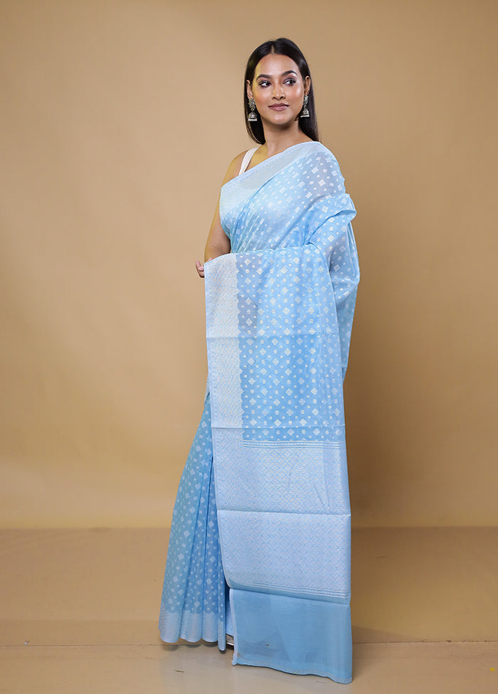 Blue Cotton Saree With Blouse Piece