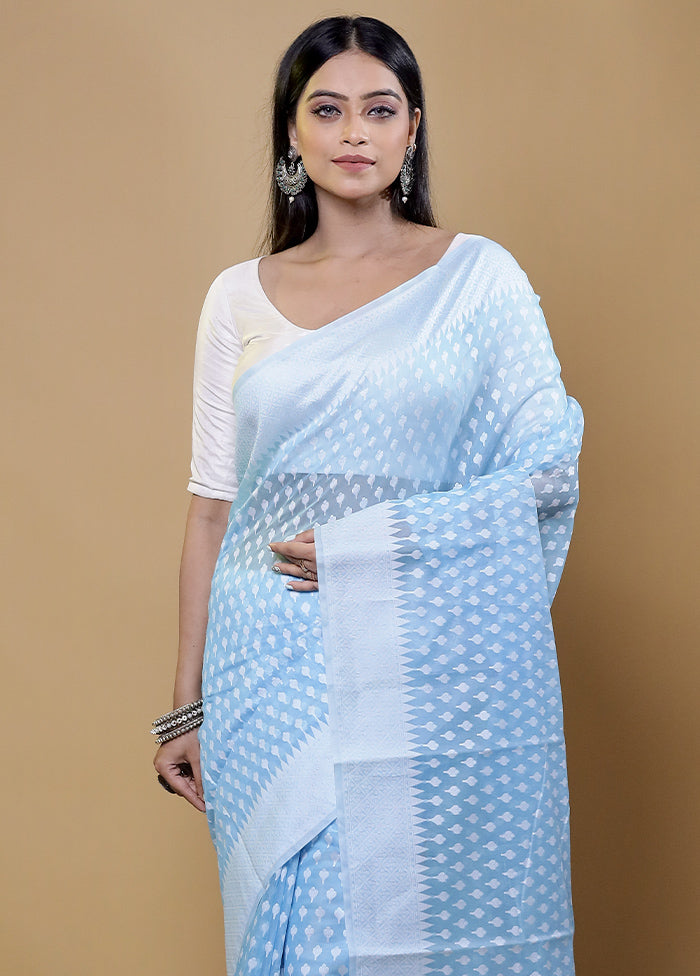 Blue Cotton Saree With Blouse Piece