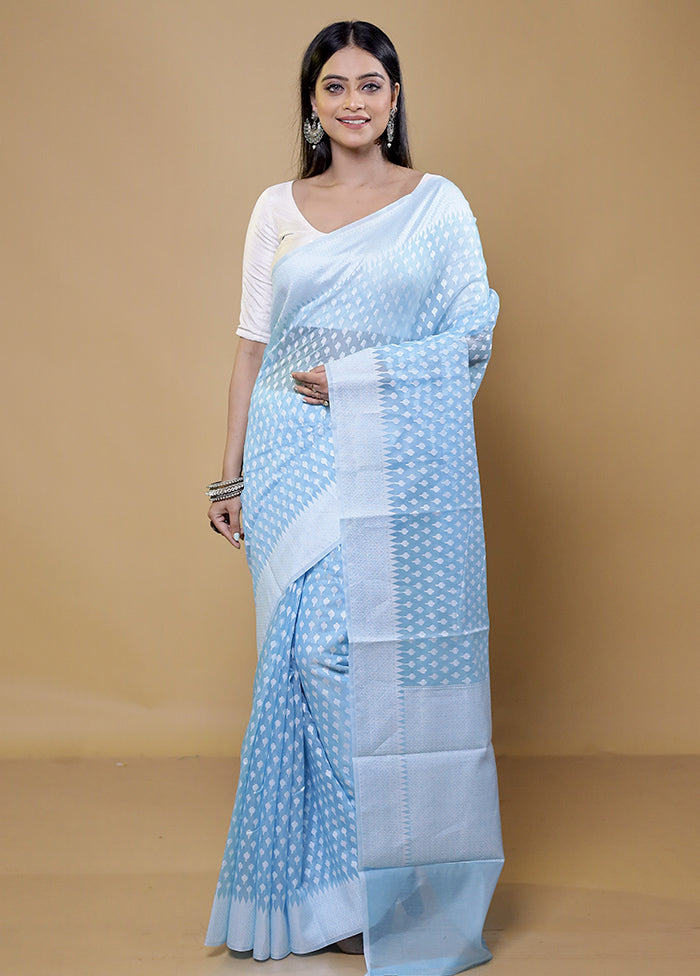 Blue Cotton Saree With Blouse Piece