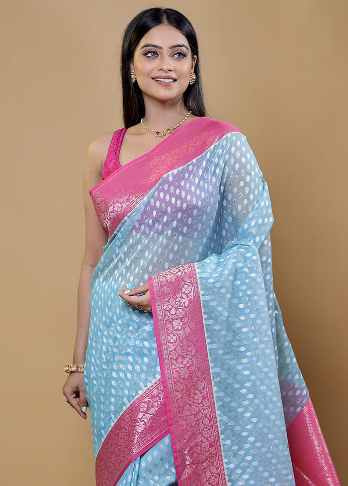 Blue Organza Saree With Blouse Piece