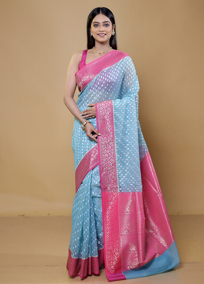 Blue Organza Saree With Blouse Piece