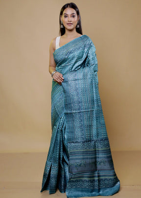 Blue Handloom Tussar Pure Silk Saree With Blouse Piece