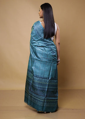 Blue Handloom Tussar Pure Silk Saree With Blouse Piece