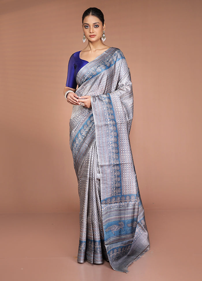 Grey Handloom Tussar Pure Silk Saree With Blouse Piece