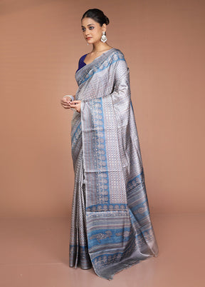 Grey Handloom Tussar Pure Silk Saree With Blouse Piece