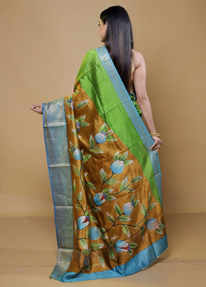 Peach Handloom Tussar Pure Silk Saree With Blouse Piece