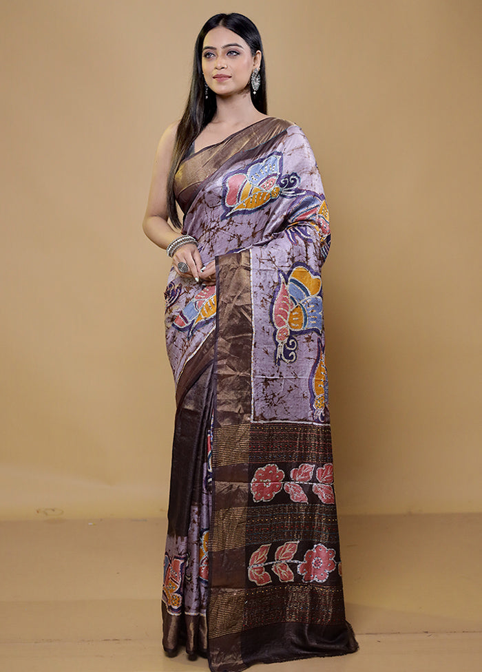 Purple Handloom Tussar Pure Silk Saree With Blouse Piece