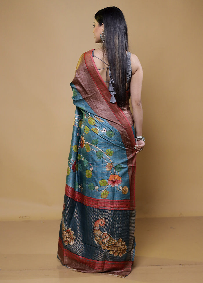 Blue Handloom Tussar Pure Silk Saree With Blouse Piece