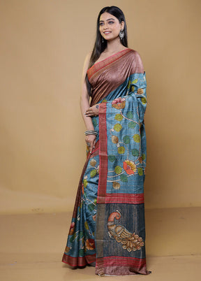 Blue Handloom Tussar Pure Silk Saree With Blouse Piece