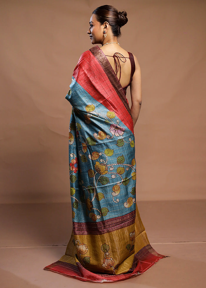 Multicolor Handloom Tussar Pure Silk Saree With Blouse Piece