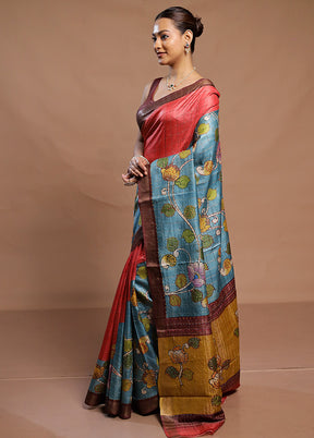 Multicolor Handloom Tussar Pure Silk Saree With Blouse Piece