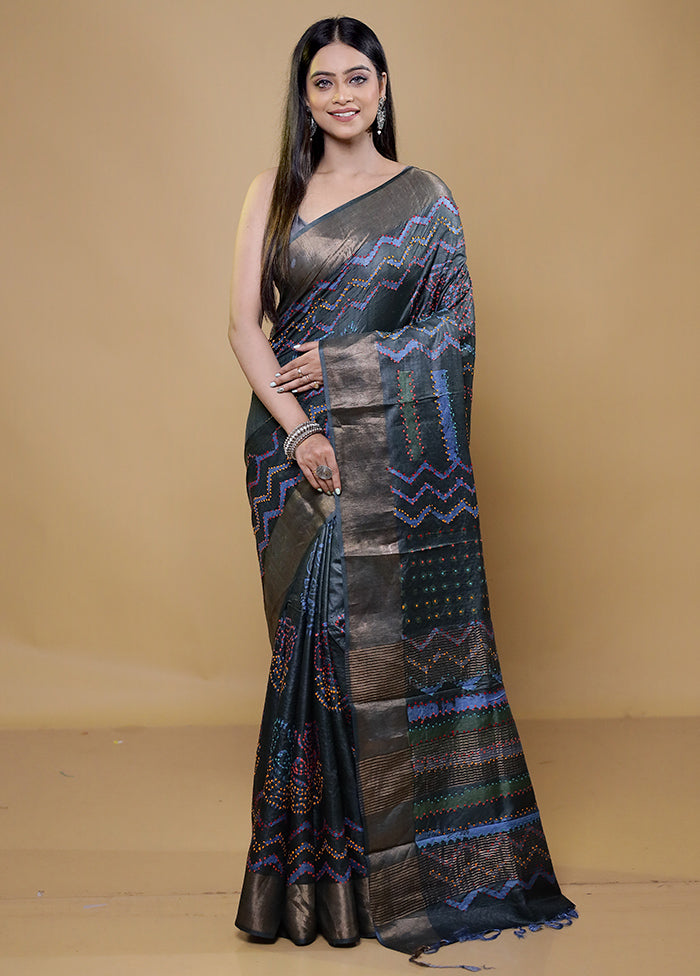 Blue Handloom Tussar Pure Silk Saree With Blouse Piece