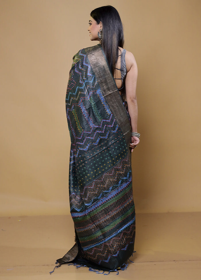 Blue Handloom Tussar Pure Silk Saree With Blouse Piece