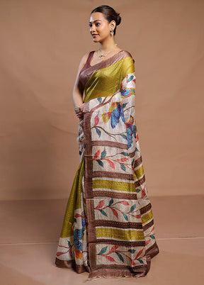 Green Handloom Tussar Pure Silk Saree With Blouse Piece