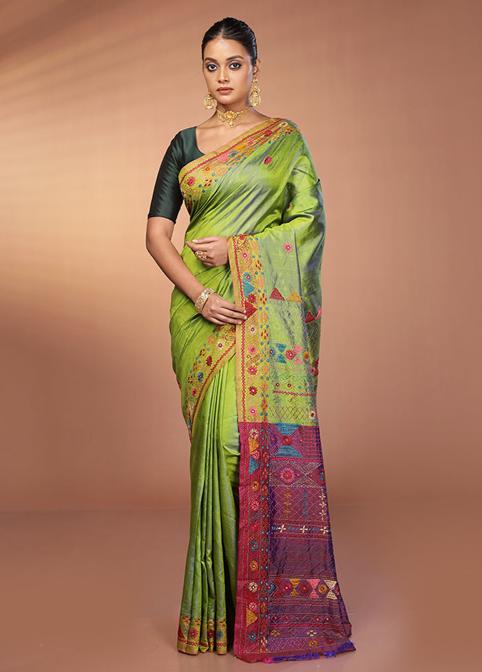 Green Handloom Printed Pure Silk Saree Without Blouse Piece