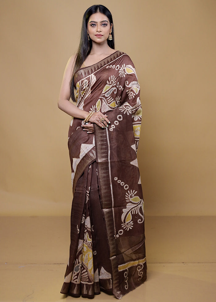 Brown Handloom Tussar Pure Silk Saree With Blouse Piece