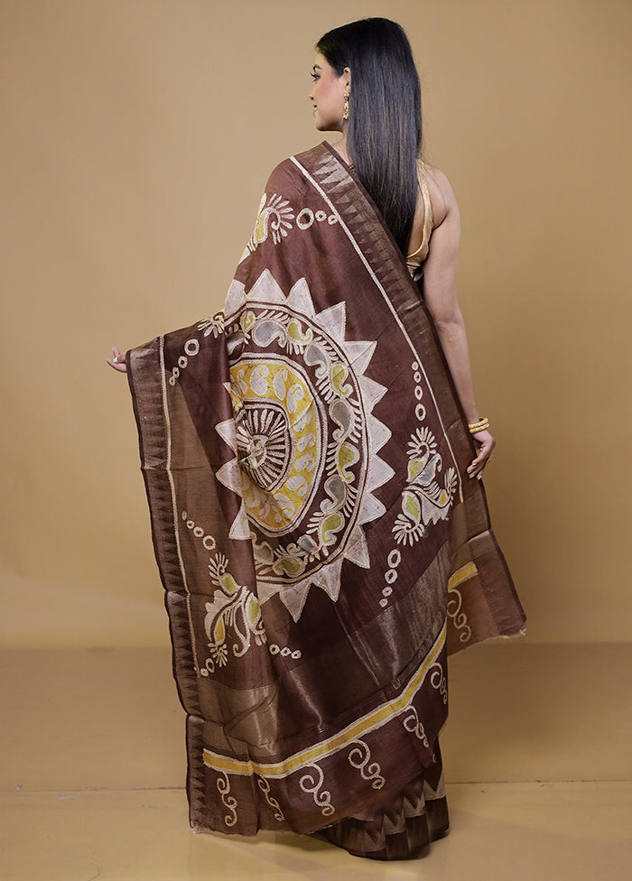 Brown Handloom Tussar Pure Silk Saree With Blouse Piece