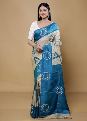 Cream Handloom Tussar Pure Silk Saree With Blouse Piece